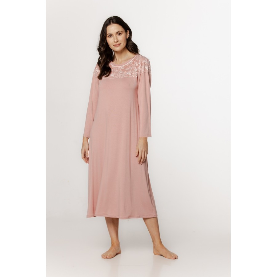 Camisón largo rosa micromodal encaje mangas largas vista frontal